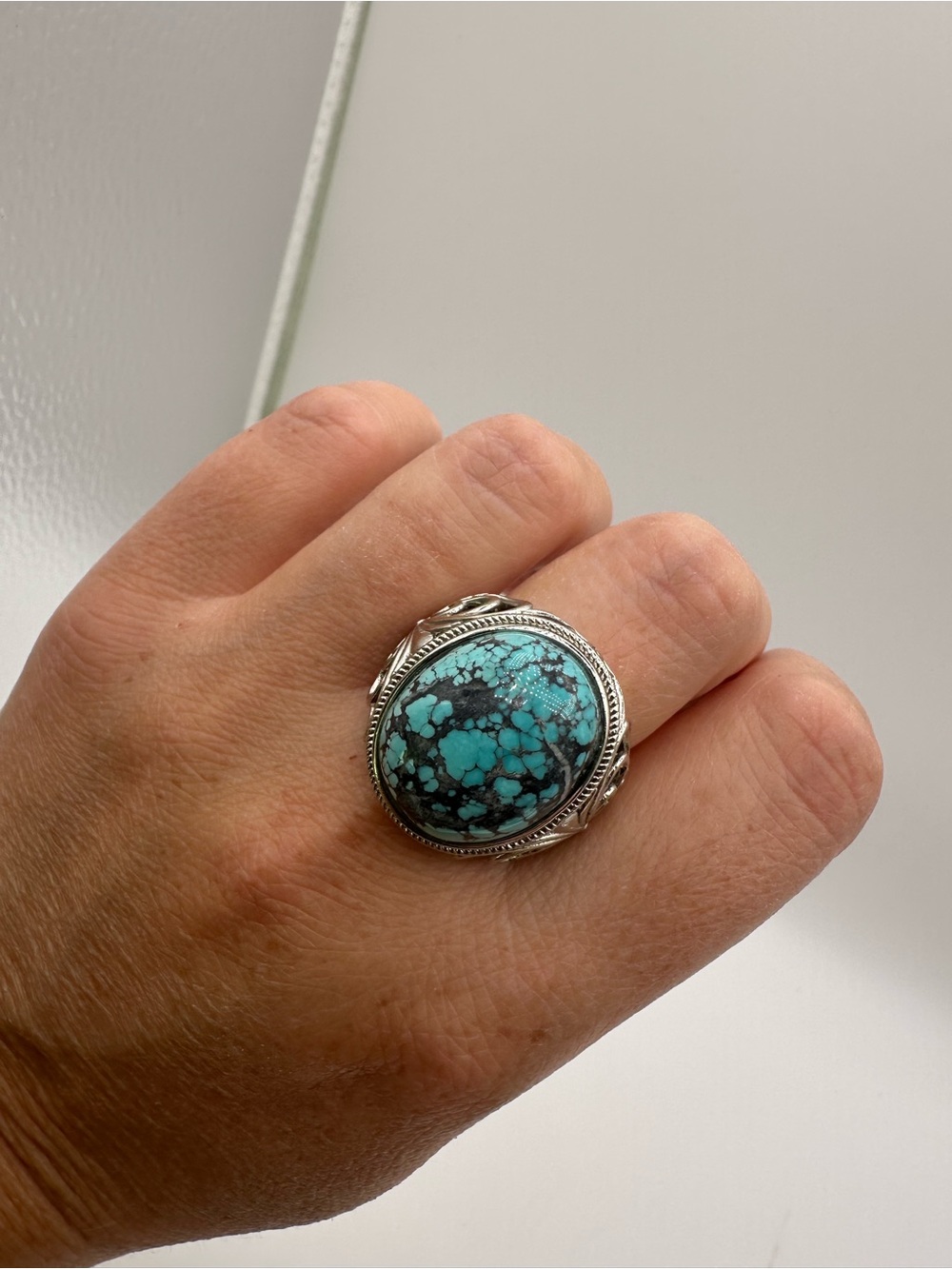 925 Sterling Silver Turquoise Statement Ring - Teal Blue Cabochon